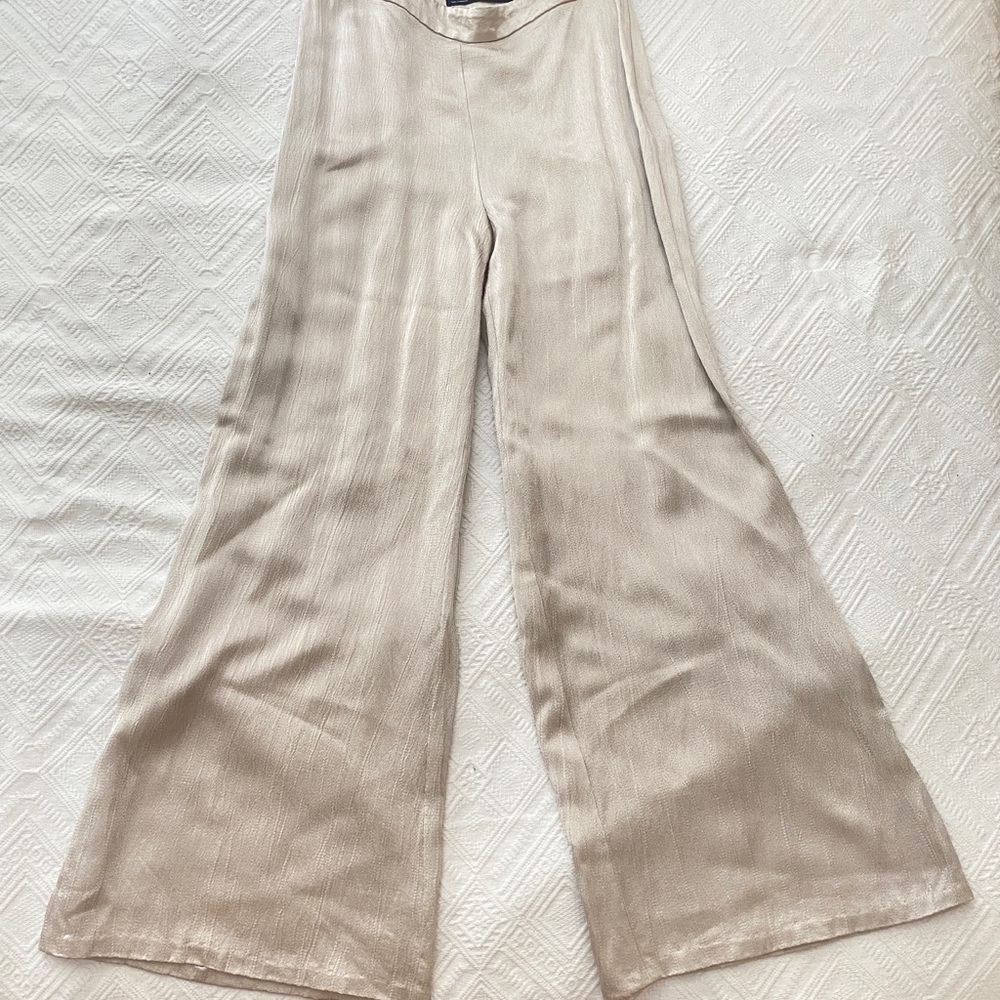 Zara Woman wide leg krinkle satin high waist pants.